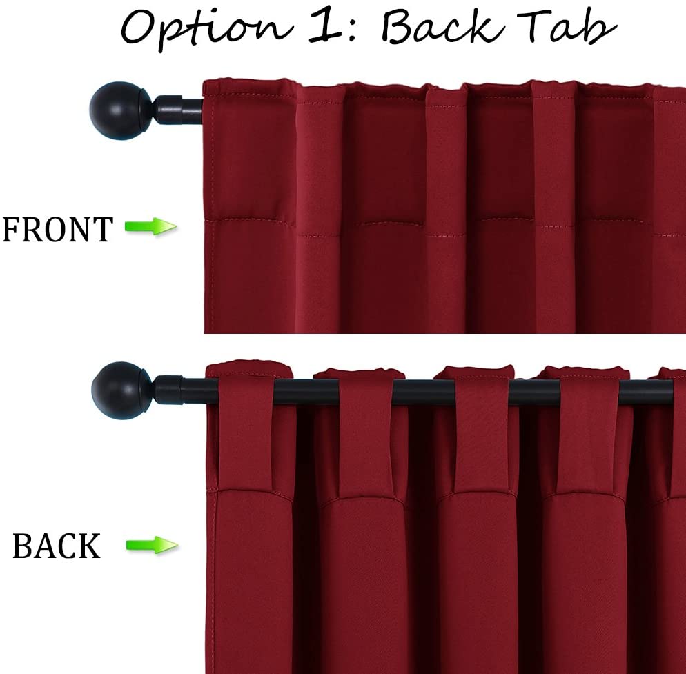 Close-up of burgundy thermal insulated blackout curtains, illustrating front and back views of the elegant back tab hanging style.