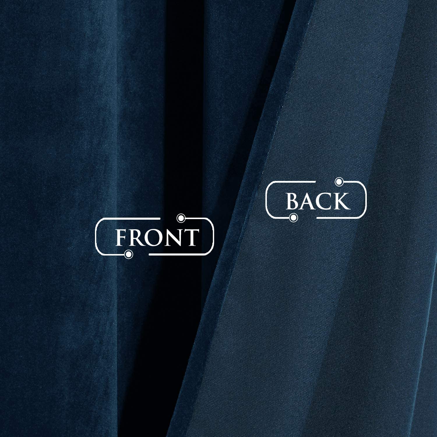 Dark blue velvet blackout curtain fabric: plush front texture contrasted with smooth back for quality and durability.