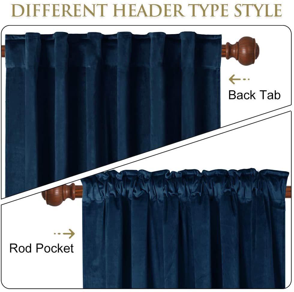 Dark blue velvet blackout curtain header styles: back tab for a neat look, and rod pocket for gathering.