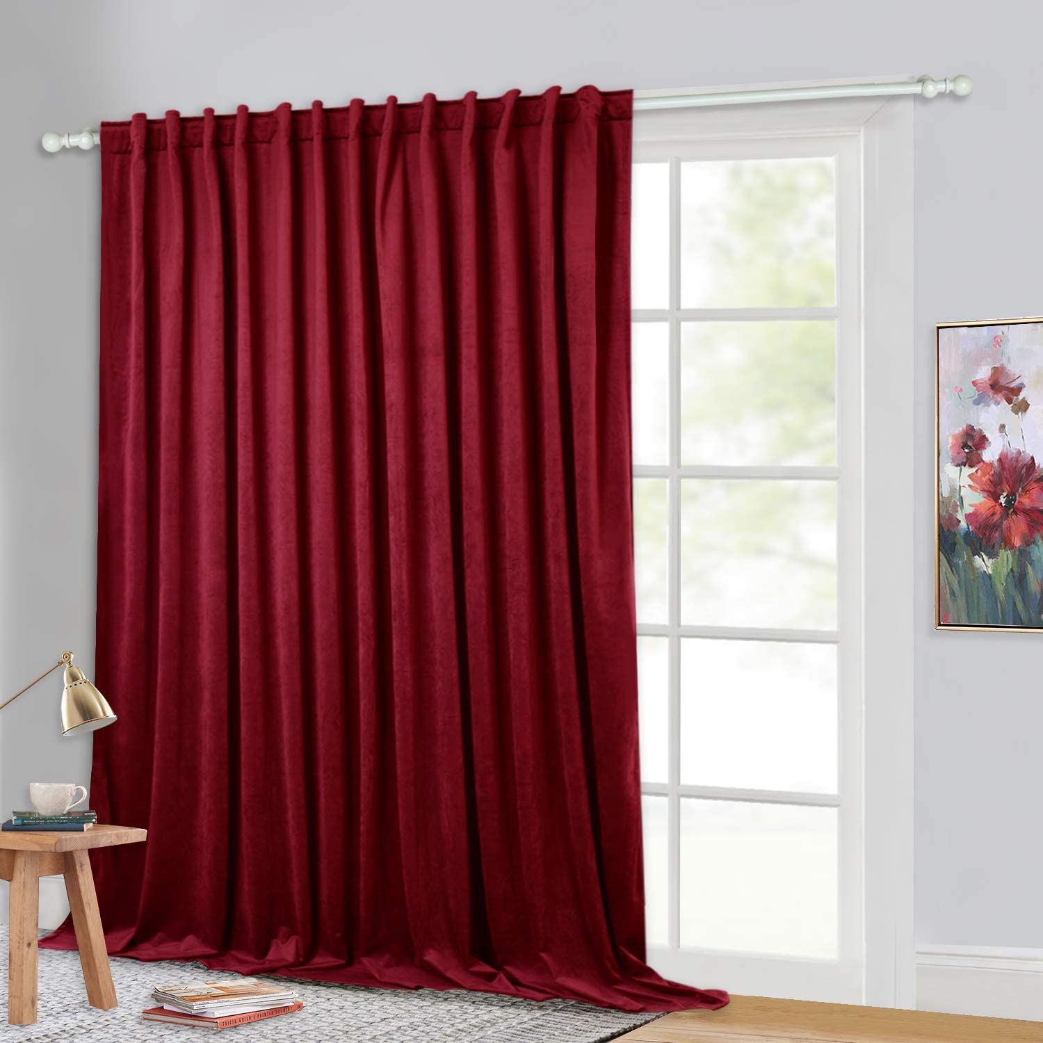 Luxurious deep red velvet blackout curtain, single panel with rod pocket & back tabs, perfect for living room or bedroom sliding glass doors.