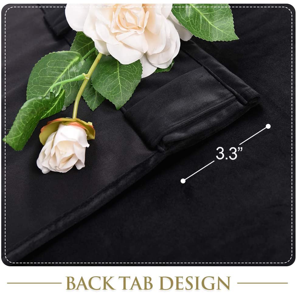 Black velvet blackout curtain close-up with 3.3-inch back tab, ideal for sliding glass door, living room, bedroom.