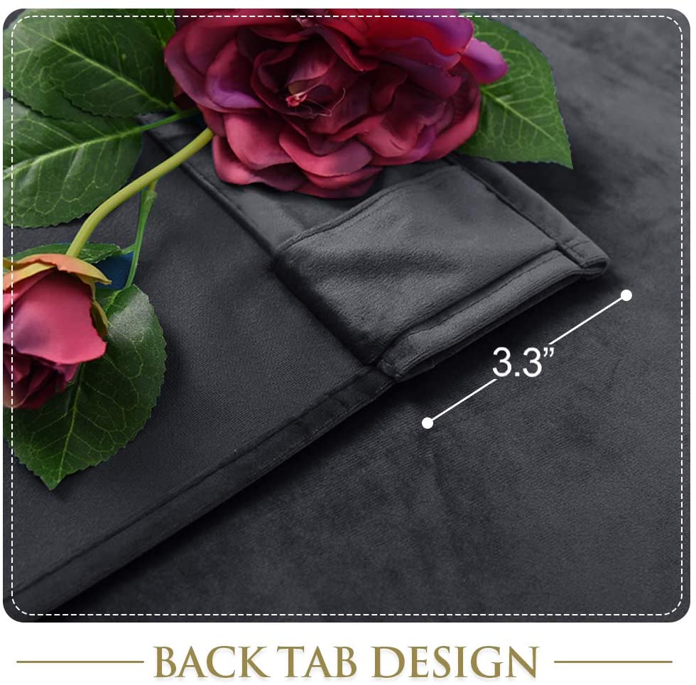 Dark grey velvet blackout curtain close-up, highlighting the 3.3-inch back tab design for rod pocket hanging.