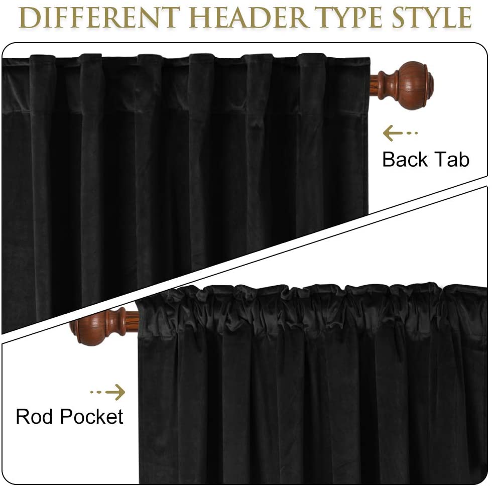 Black velvet blackout curtains displaying both Back Tab and Rod Pocket header styles on a decorative rod for living room.