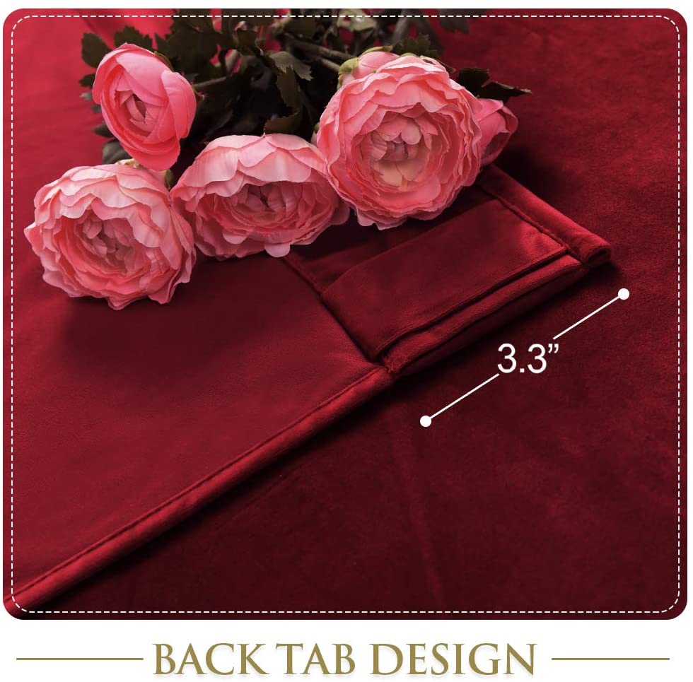 Luxury dark red velvet blackout curtain highlighting the 3.3-inch back tab design for elegant hanging, with pink decor.