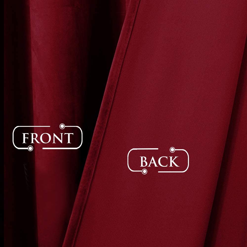 Front and back of burgundy velvet blackout curtain fabric, highlighting plush texture and dense light-blocking material.