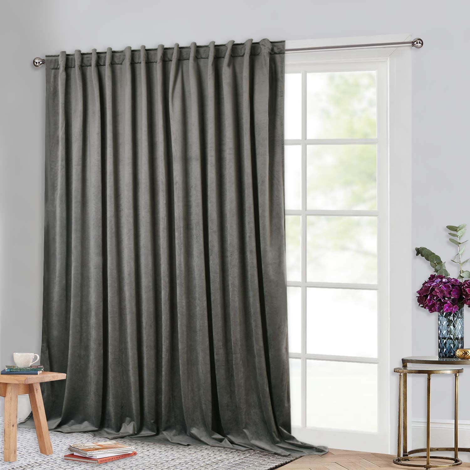 Dark grey velvet blackout curtain panel, rod pocket/back tab style, ideal for living room or sliding glass door.