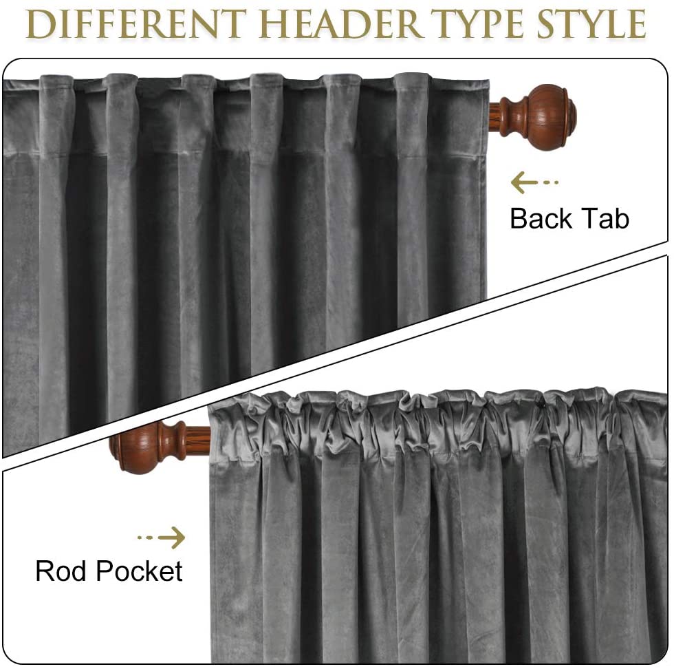 Close-up of grey velvet blackout curtain illustrating rod pocket and back tab header styles for versatile hanging options.