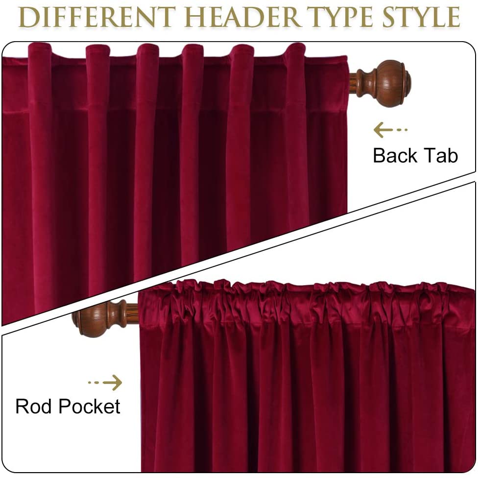Rod pocket and back tab header styles demonstrated on a rich red velvet blackout curtain for living room & bedroom.