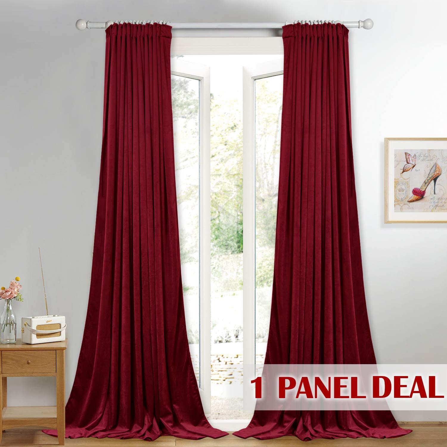 Two luxurious deep red velvet rod pocket back tab blackout curtains for wide sliding glass door, perfect for living rooms.