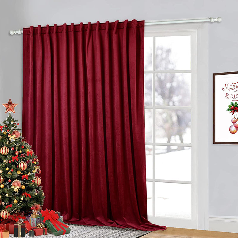 Solid red velvet blackout curtain panel, 100-inch wide, with versatile rod pocket & back tab header, for living room privacy.