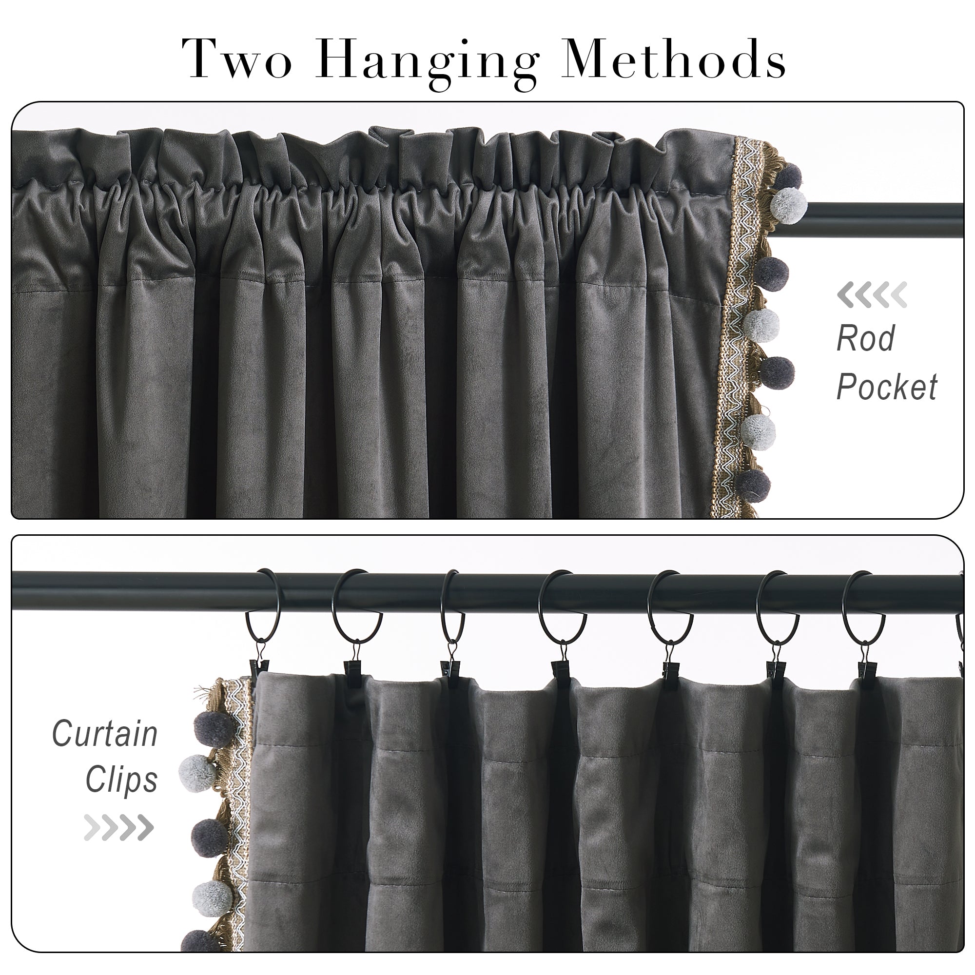Rod Pocket Cotton Knit Pom Pom Velvet Blackout Curtains With Tiebacks ...