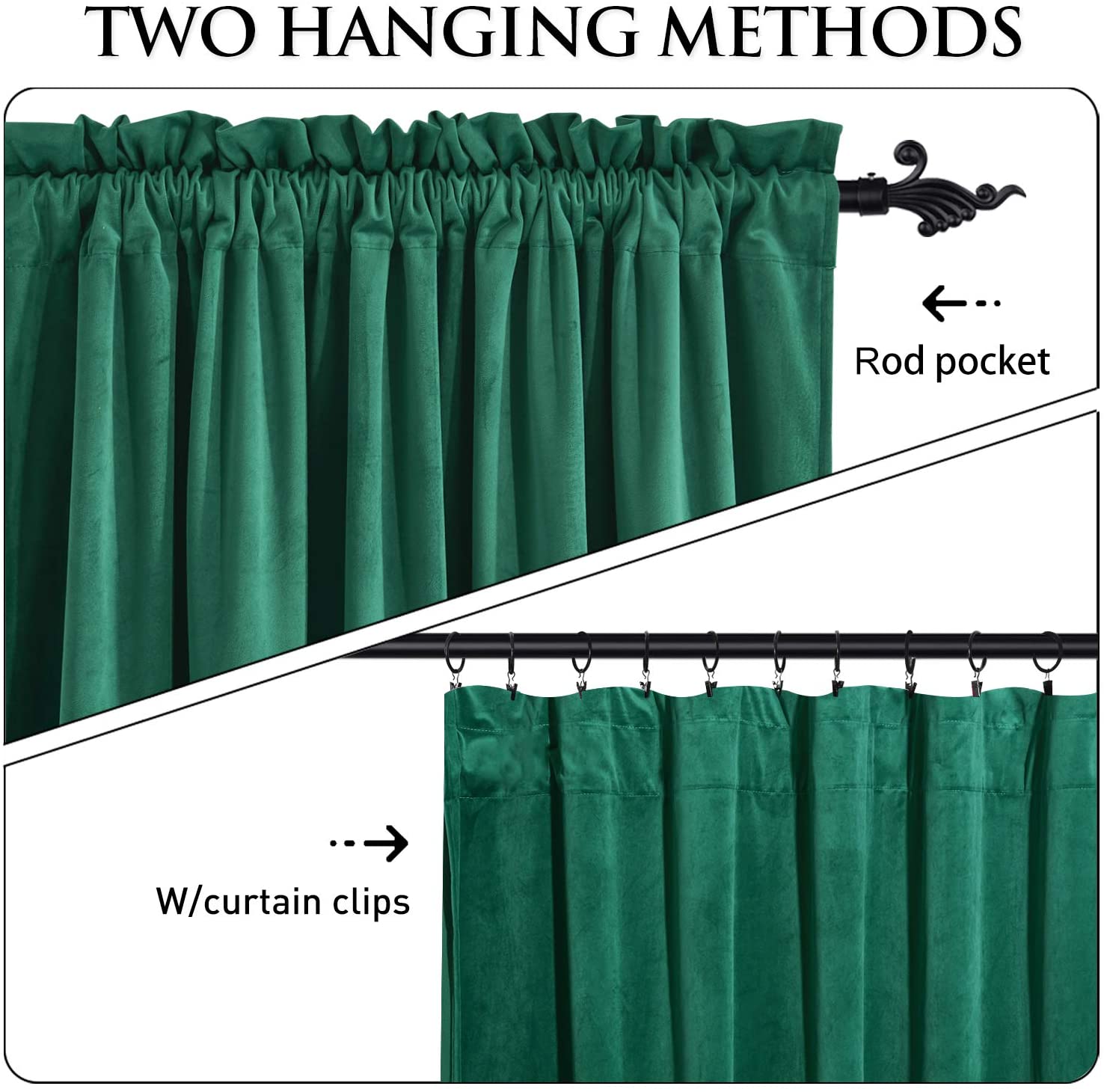 Green velvet noise reducing blackout curtains displaying two hanging methods: rod pocket and with curtain clips on a rod.