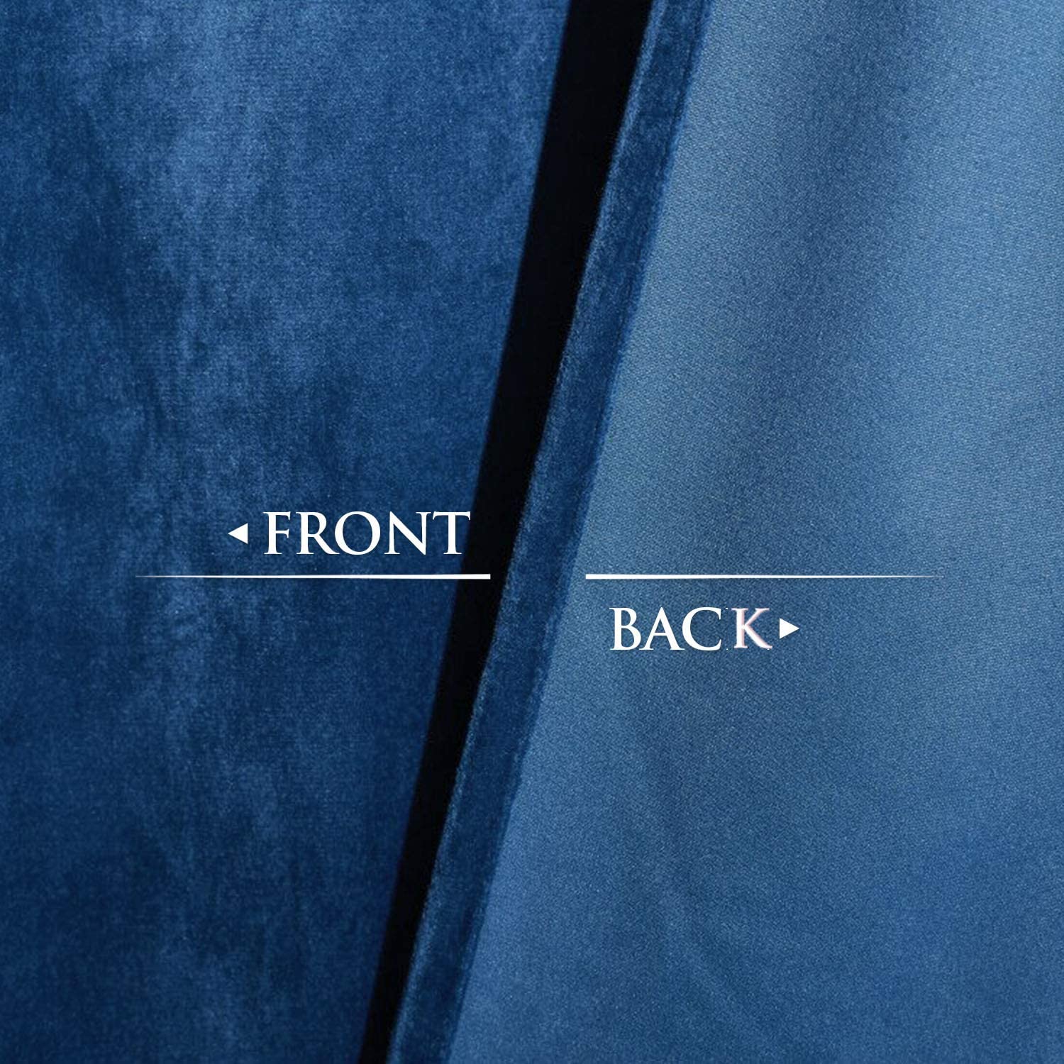 Detailed view of blue velvet rod pocket blackout curtain, showing plush front fabric and smooth noise-reducing back lining.