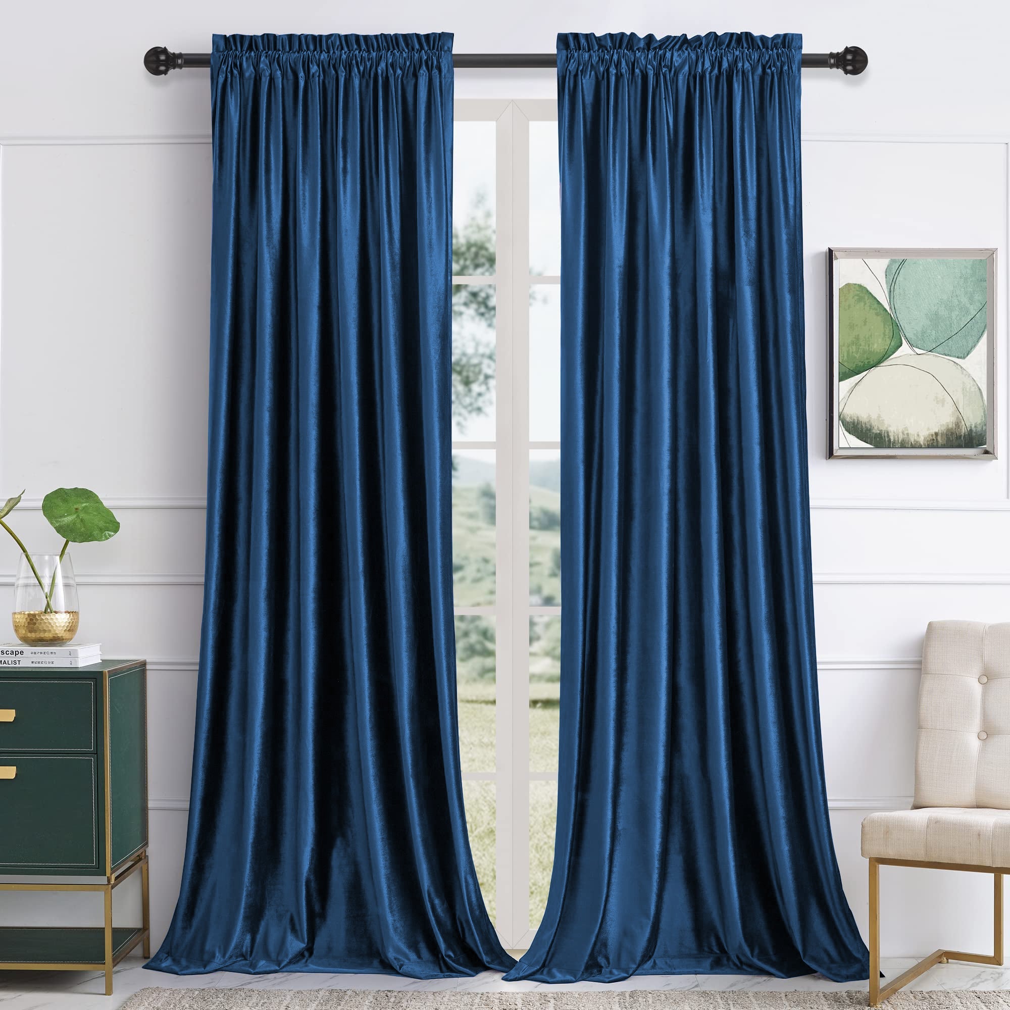 Deep blue velvet rod pocket blackout curtains for living room, providing noise reduction and privacy. Two panels.