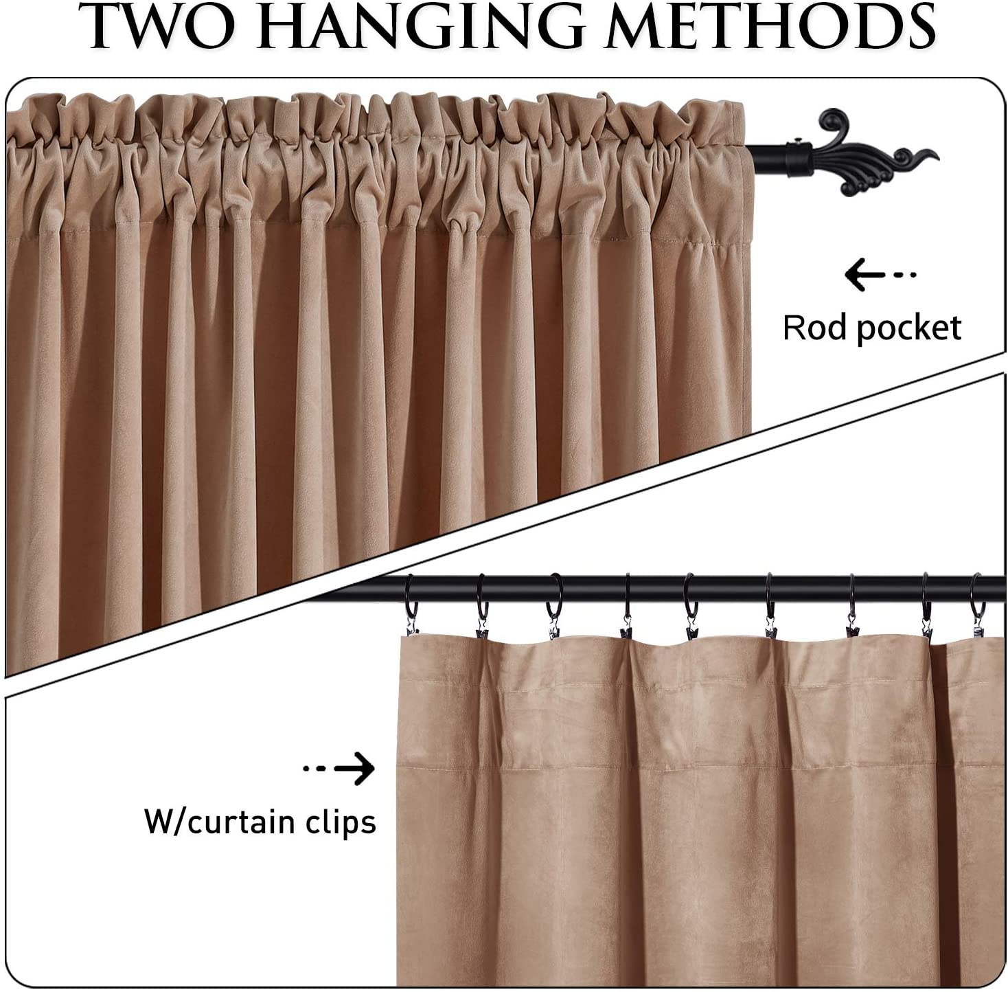 Beige velvet curtains demonstrating two hanging methods: rod pocket style and with curtain clips on a rod.