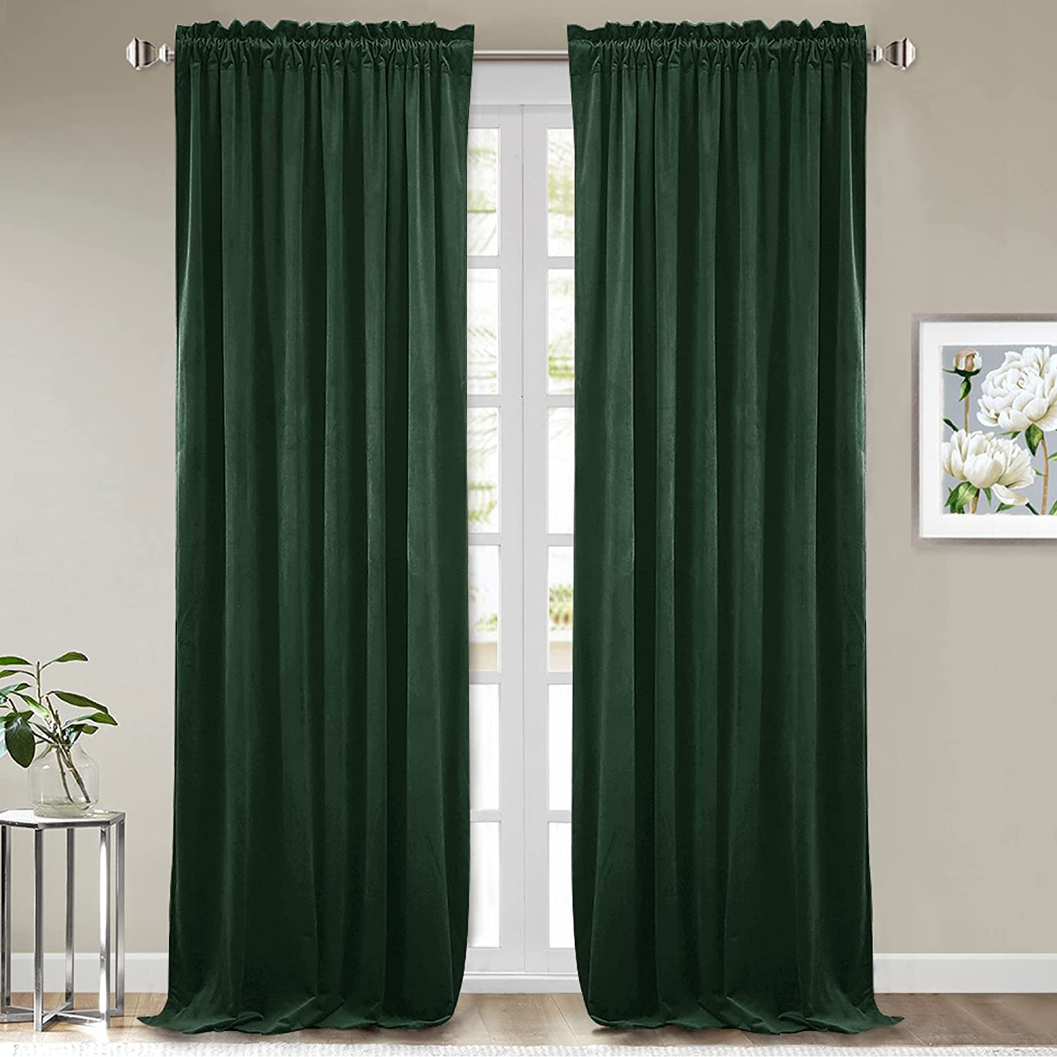 Dark green velvet rod pocket blackout curtains, 2 panels, provide noise reduction & privacy for living room & bedroom windows.