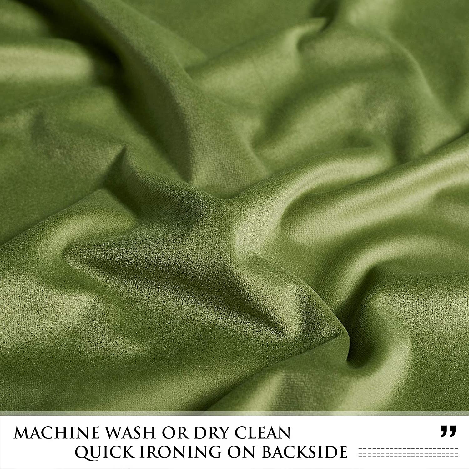 Lush green velvet fabric detail for rod pocket blackout curtains, emphasizing plush texture and quality.
