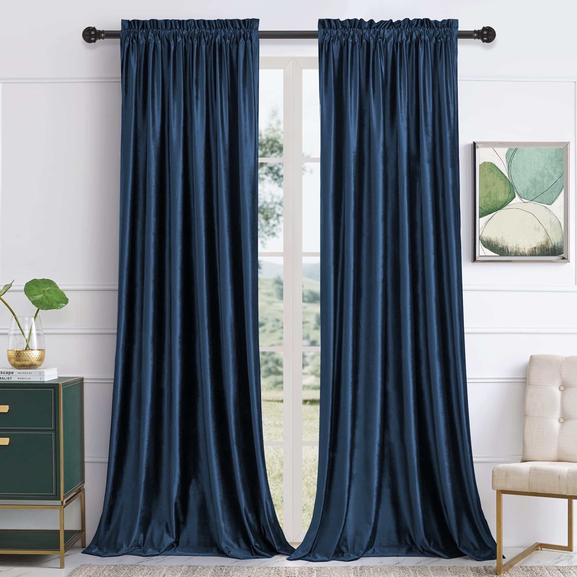 Two navy blue velvet blackout rod pocket curtains. Noise reducing panels ideal for living room or bedroom.