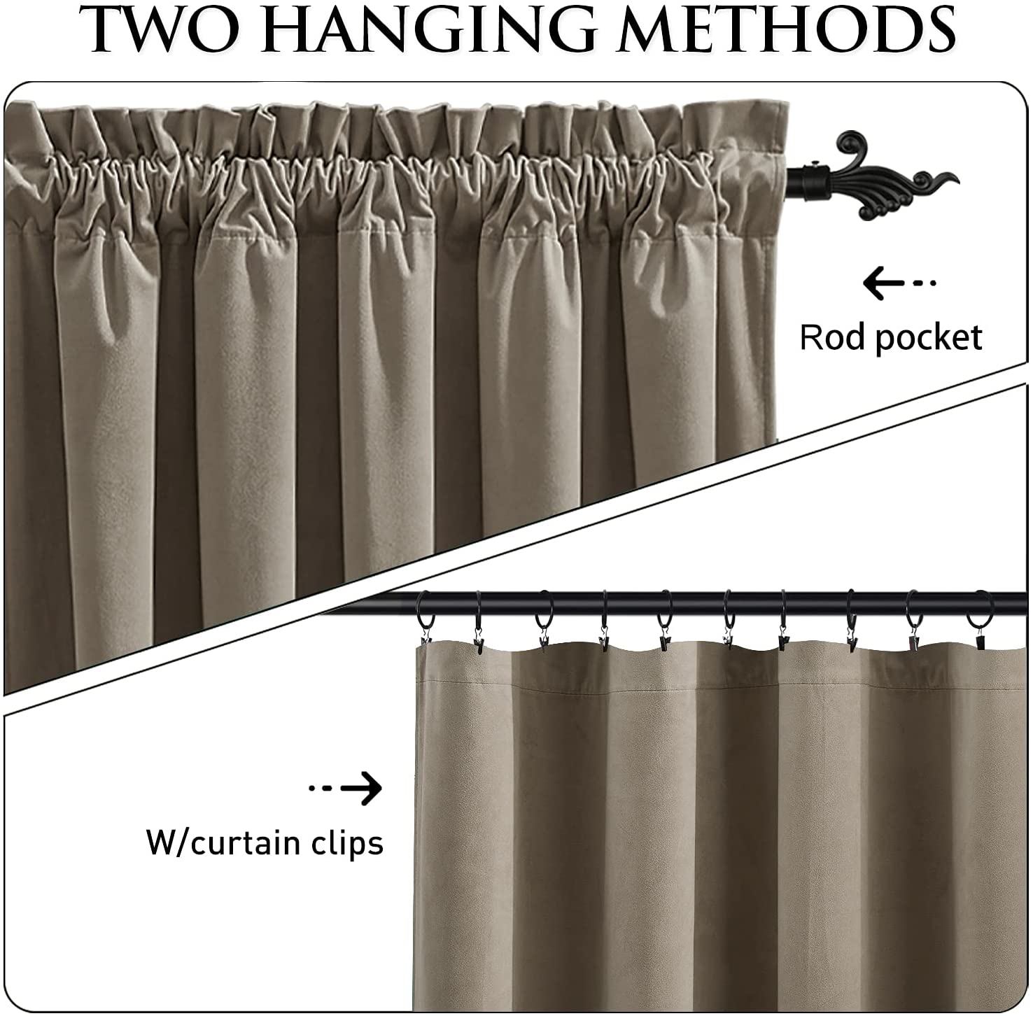 Two hanging methods for light brown velvet blackout curtains: traditional rod pocket style and with curtain clips for a pleated look.