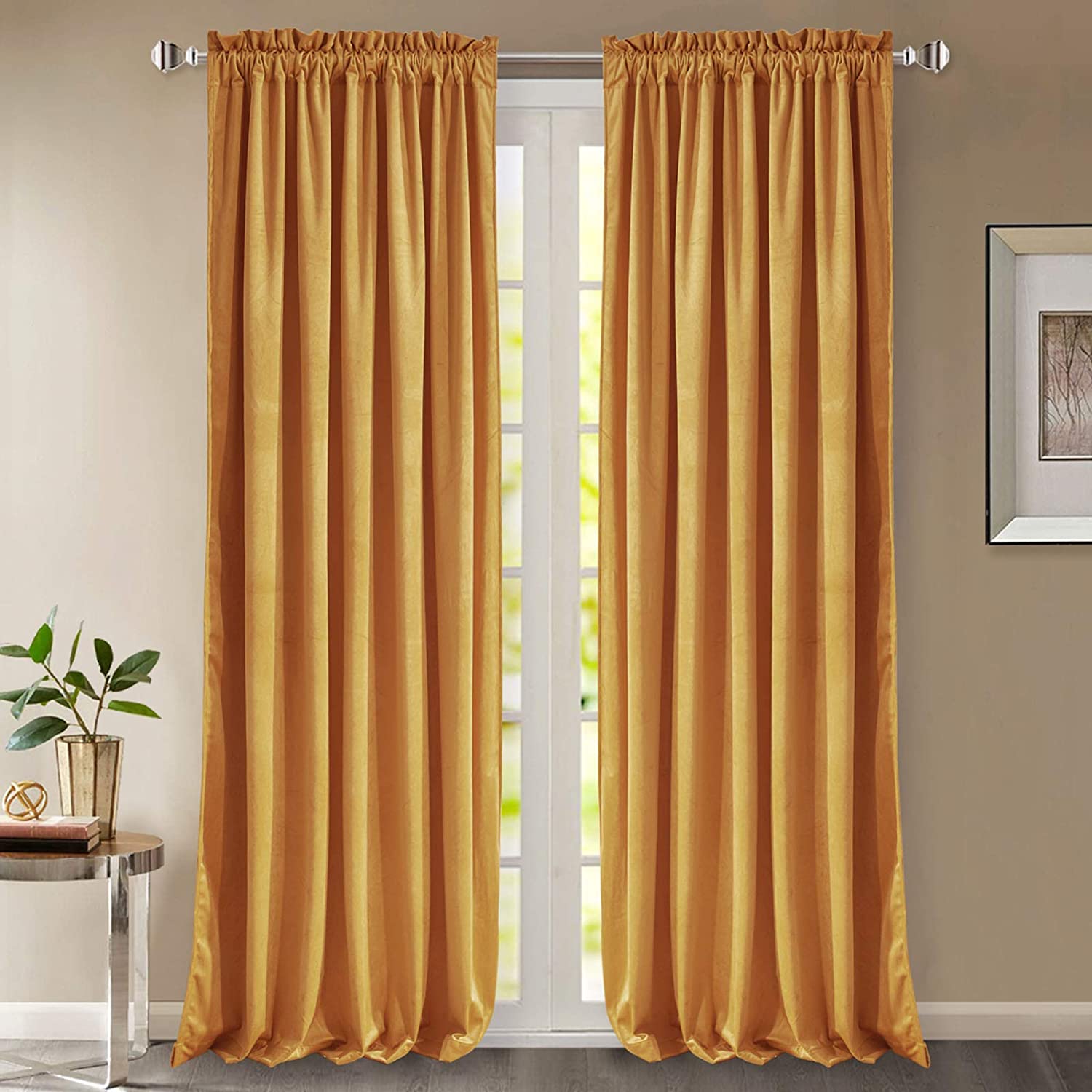 Luxurious golden velvet rod pocket blackout curtains, 2 panels, providing noise reduction for living room or bedroom.