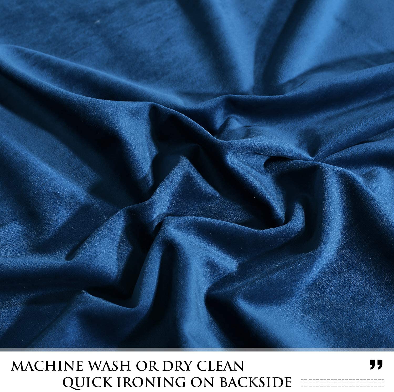 Close-up of deep blue velvet fabric, highlighting its plush texture and soft folds for blackout noise reducing curtains.