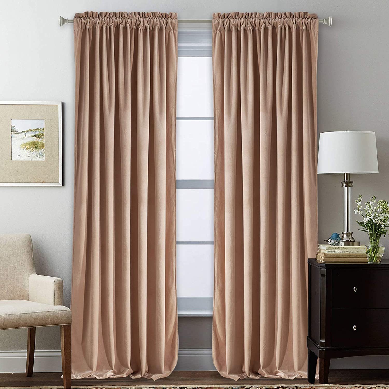 Two beige velvet rod pocket blackout curtains for living room or bedroom, providing noise reduction.