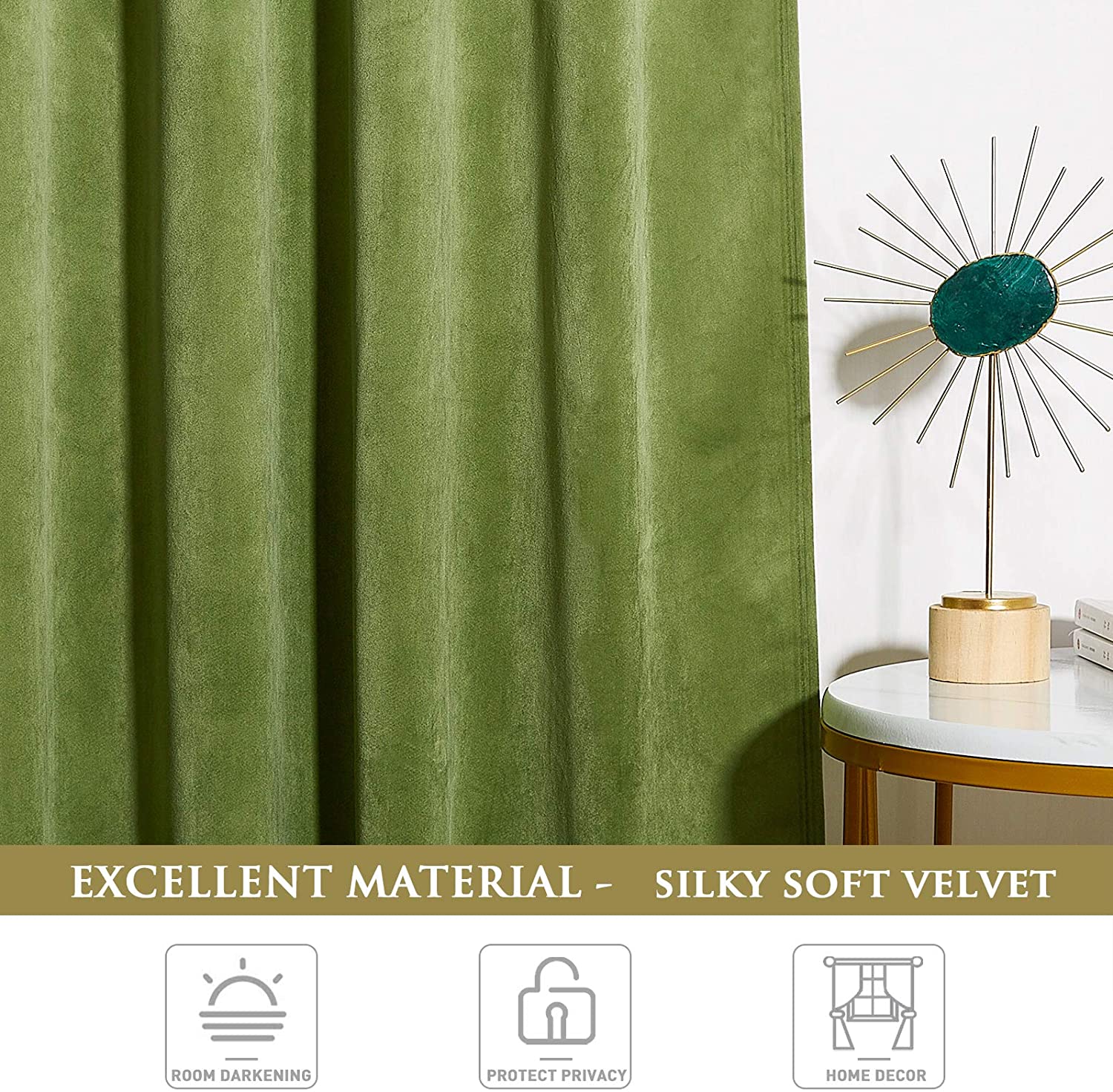 Rich green rod pocket velvet blackout curtain close-up, highlighting its silky soft texture and elegant folds for living room or bedroom.