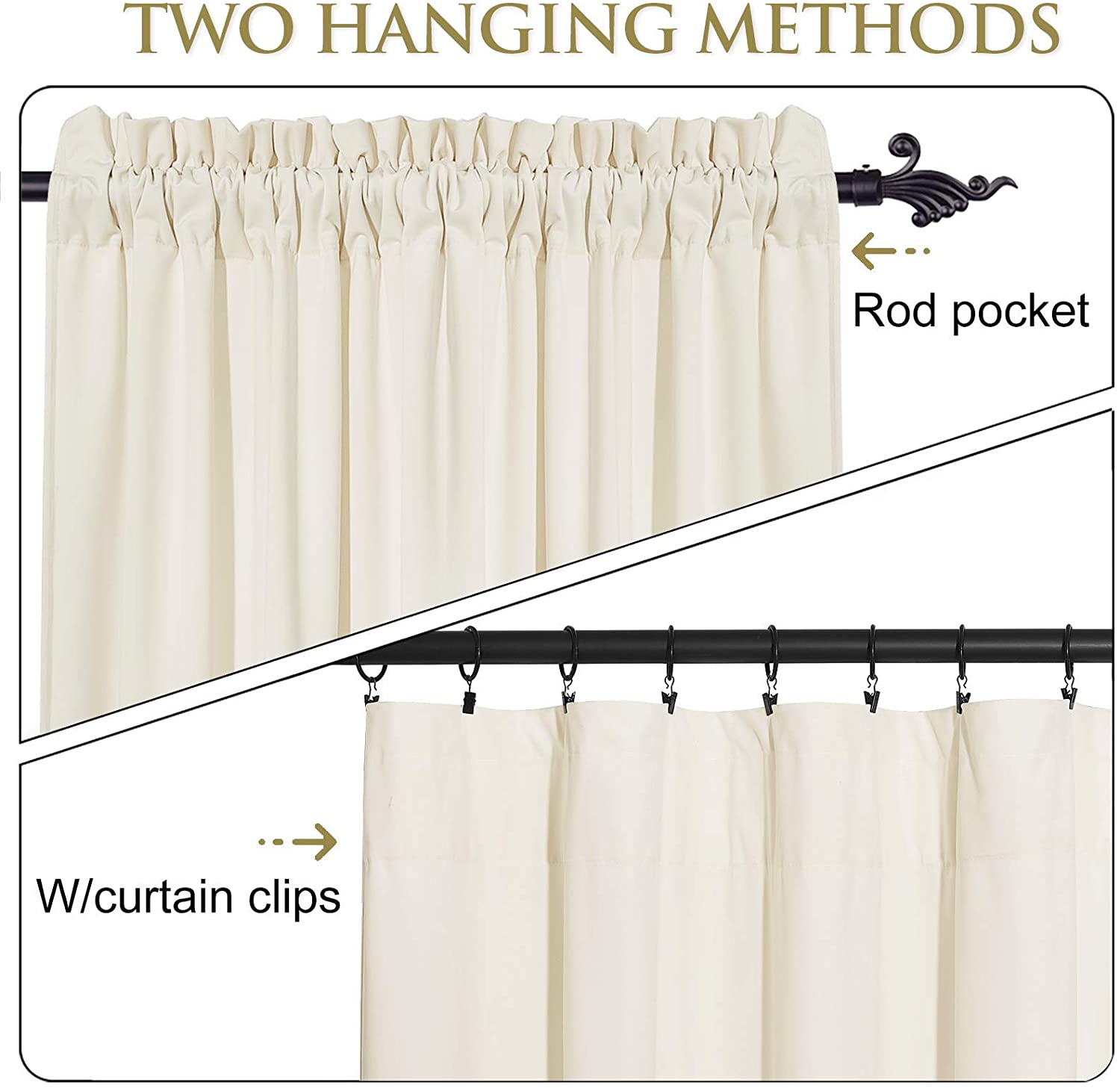 Cream curtains demonstrating two common hanging methods: the gathered rod pocket style and the clipped flat-top style with rings.