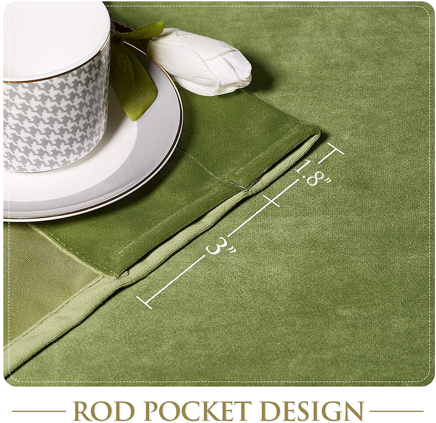 Close-up of plush green velvet curtain fabric highlighting the 3-inch rod pocket and 1.8-inch header for easy installation.