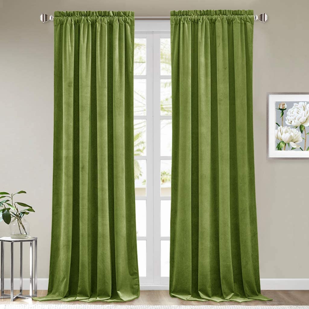 2 panels of olive green velvet rod pocket curtains offering blackout & noise reducing properties for living room & bedroom.