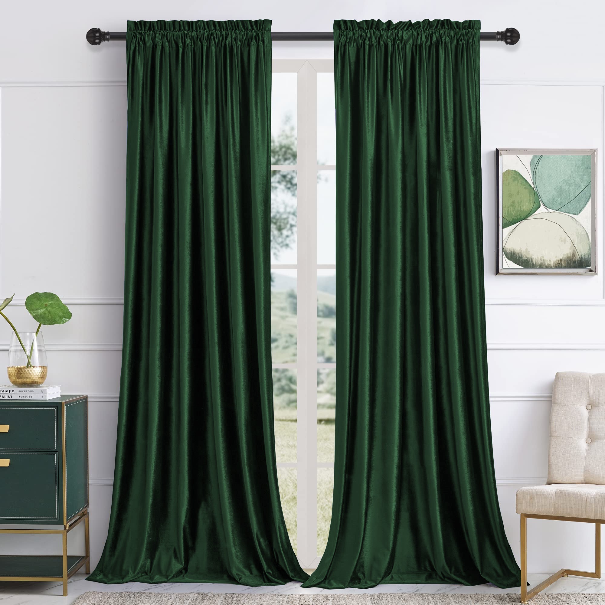 Luxurious dark green velvet rod pocket blackout curtains, 2 panels, perfect for living room or bedroom noise reduction.