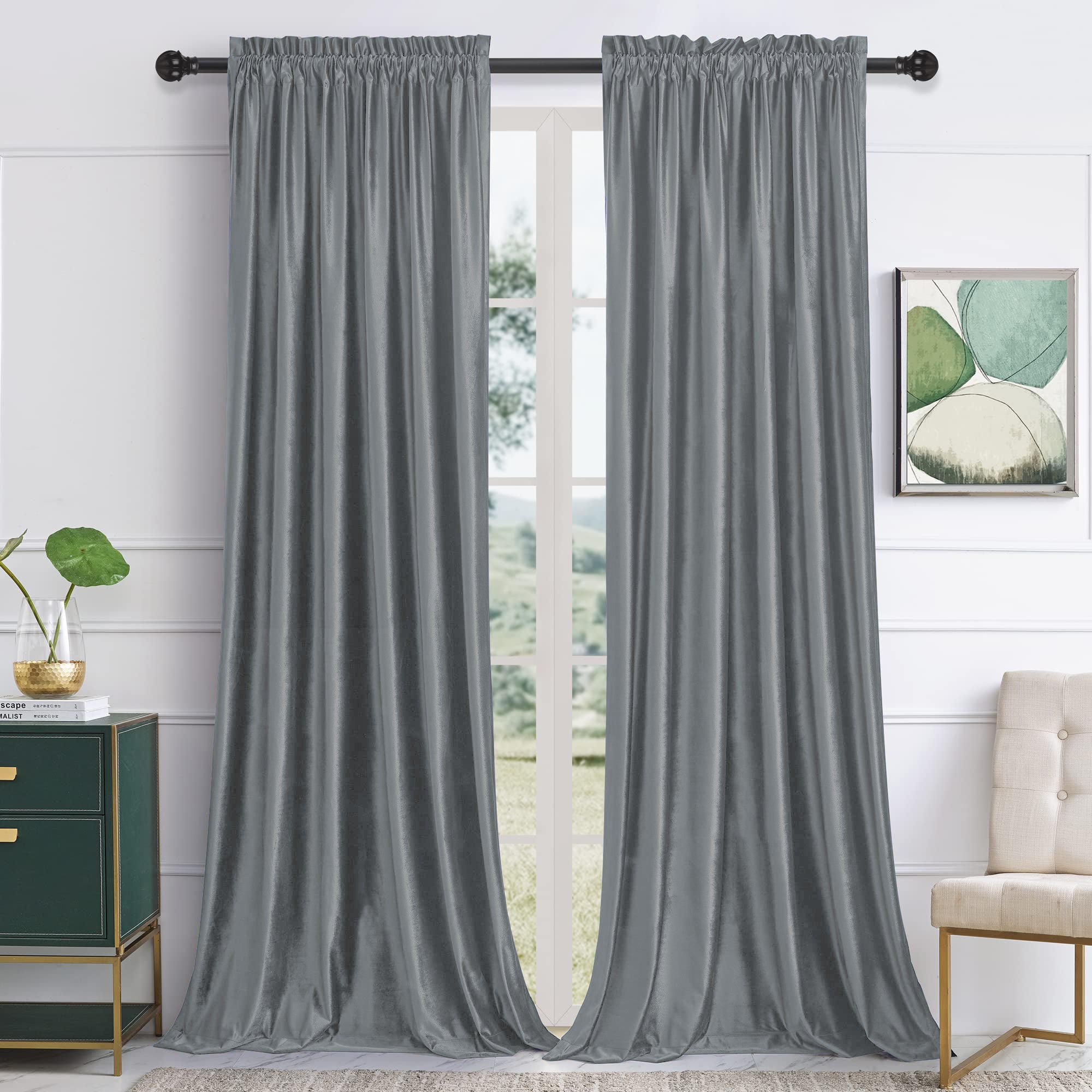 Luxurious grey velvet rod pocket blackout curtains (2 panels) for living room or bedroom, offering privacy & noise reduction.