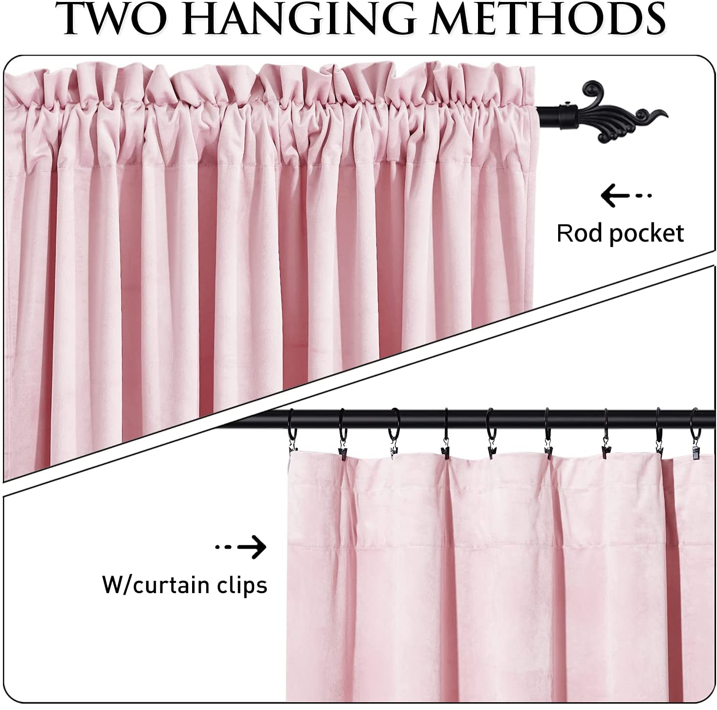 Pink velvet curtains displaying two hanging methods: rod pocket & clip rings, for living room & bedroom.