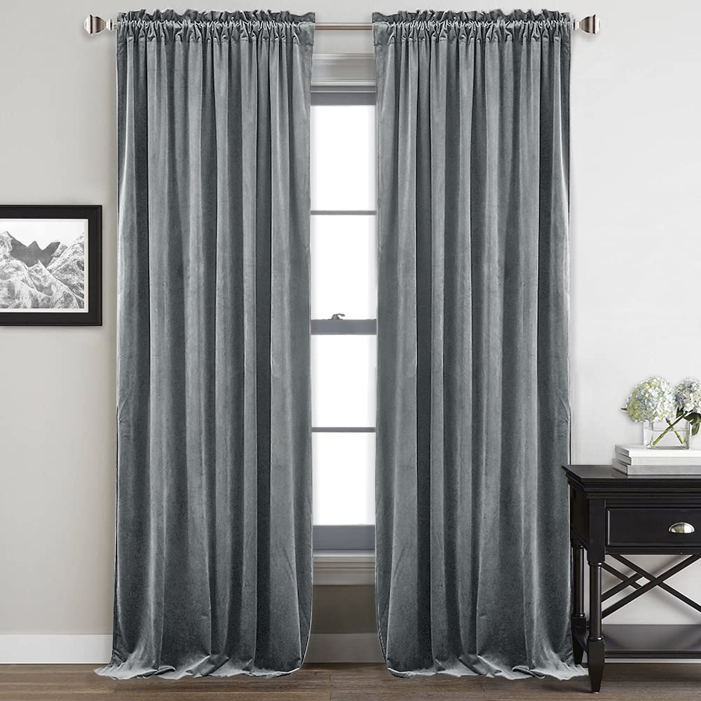 Pair of plush silver velvet rod pocket blackout curtains for living room or bedroom, offering noise reduction & privacy.