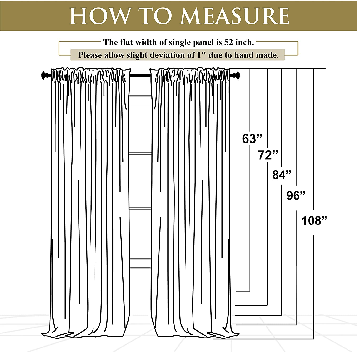 Diagram showing how to measure rod pocket noise reducing blackout velvet curtains, with lengths 63"-108" & 52" panel width.