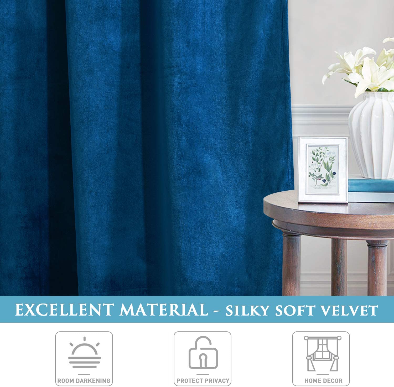 Deep blue silky soft velvet blackout curtains, folded for a rich texture, perfect for noise reduction and privacy in bedrooms.