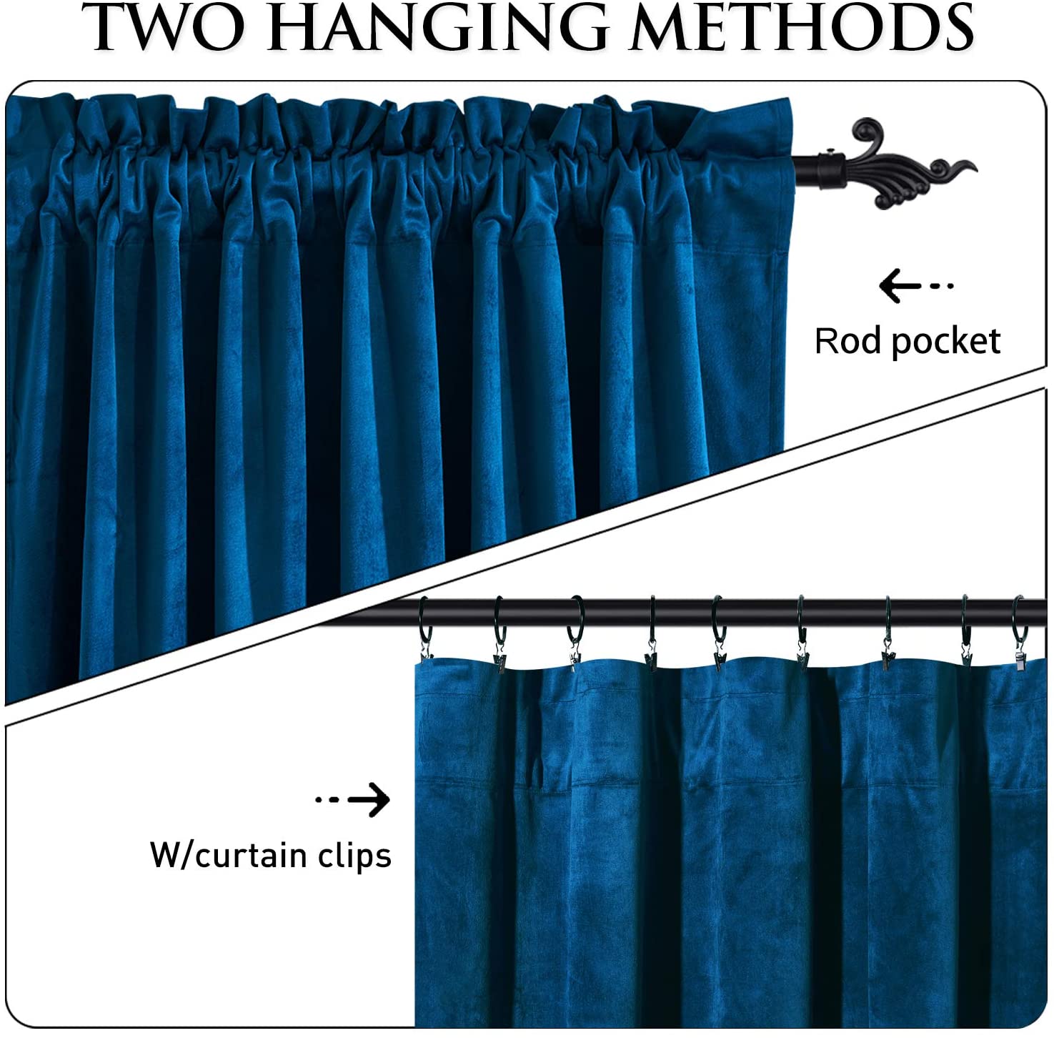 Teal velvet blackout curtains demonstrating two hanging options: rod pocket style and with curtain clips on a decorative rod.