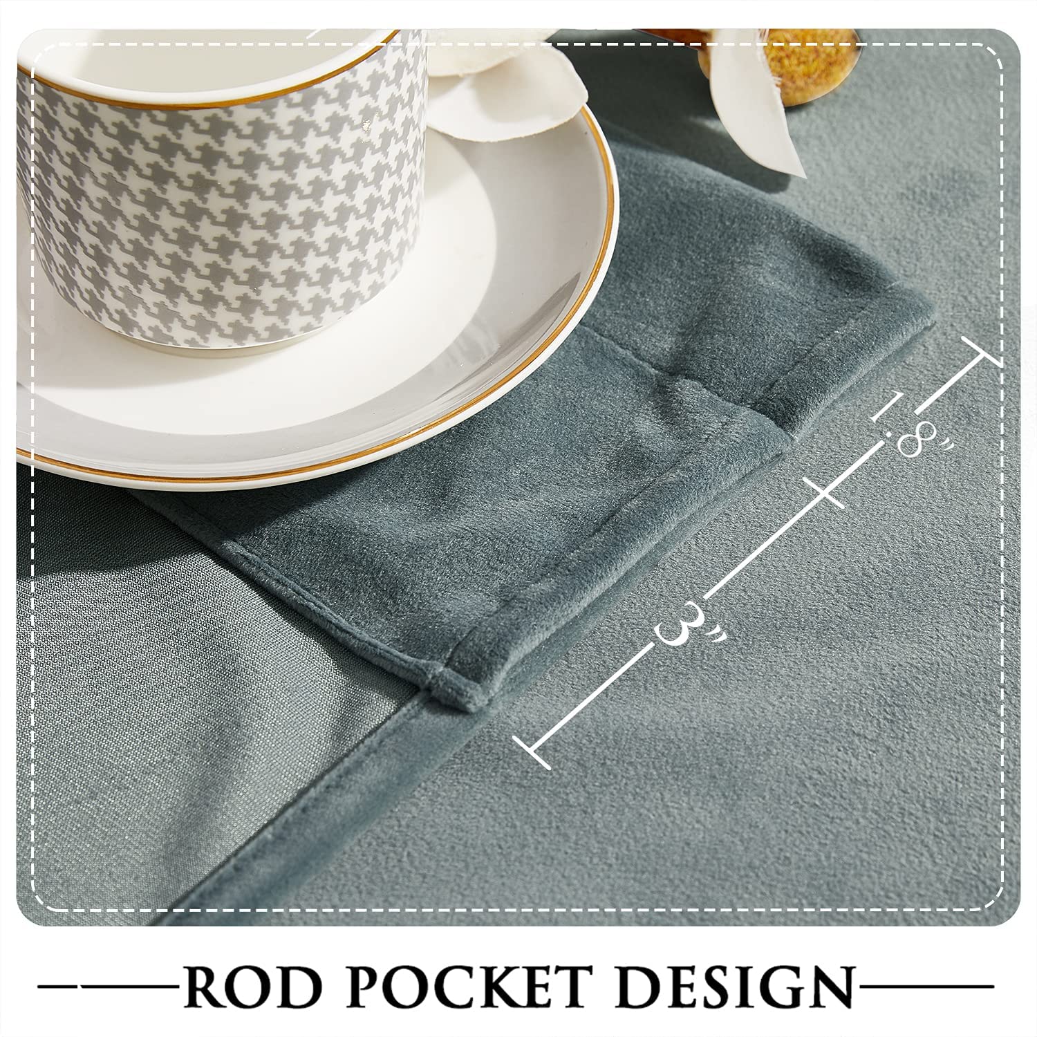 Detailed view of plush velvet noise-reducing blackout curtain, featuring a 1.8" header and 3" rod pocket design.