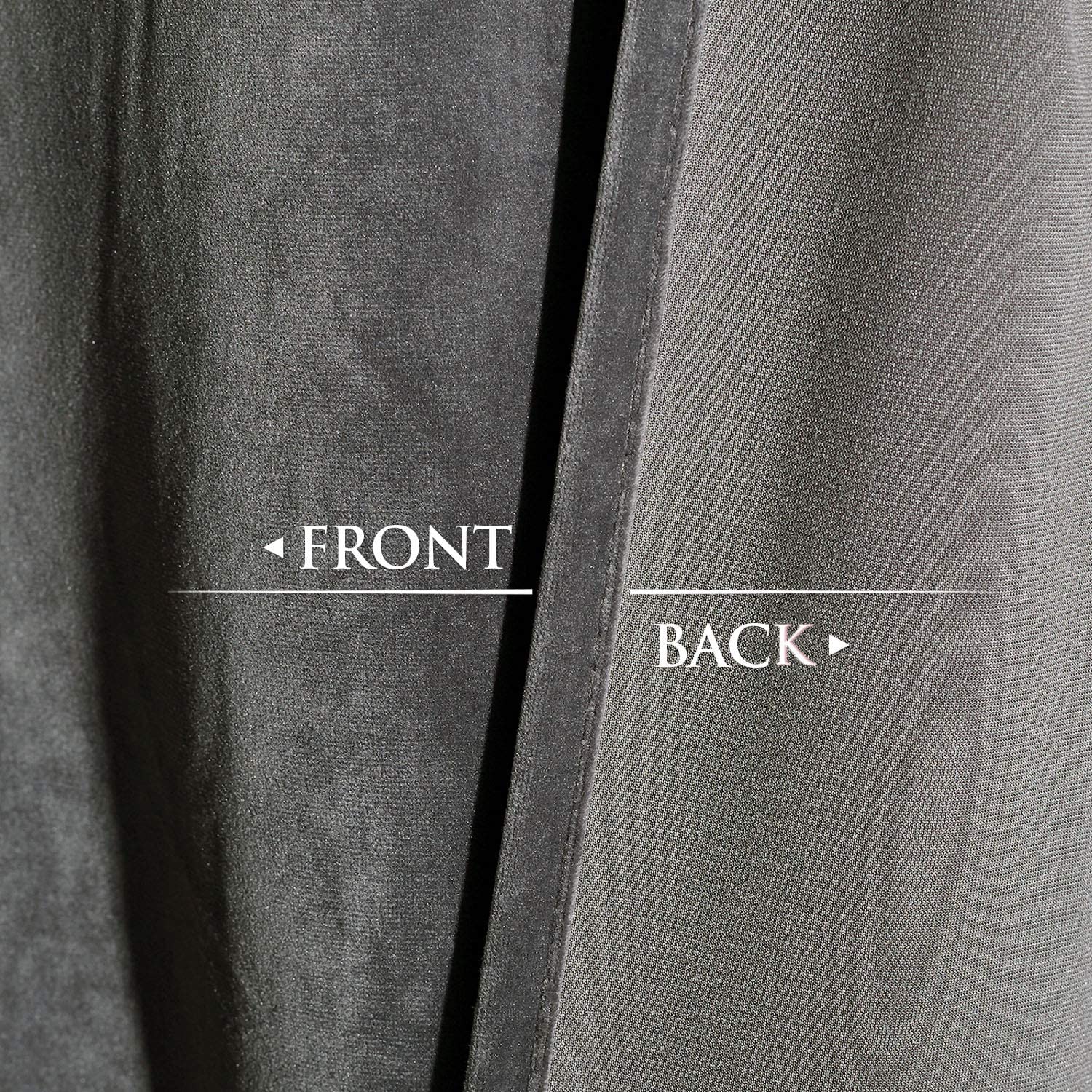 Close-up of dark grey noise reducing blackout velvet curtain fabric, showing plush velvet front and smooth back lining.