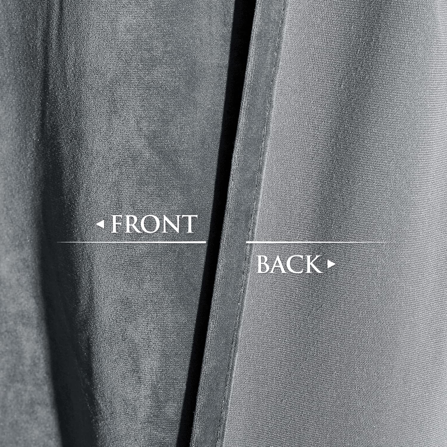 Close-up of grey velvet curtain fabric, showing soft, plush front texture and a dense, woven back for blackout and noise reduction.