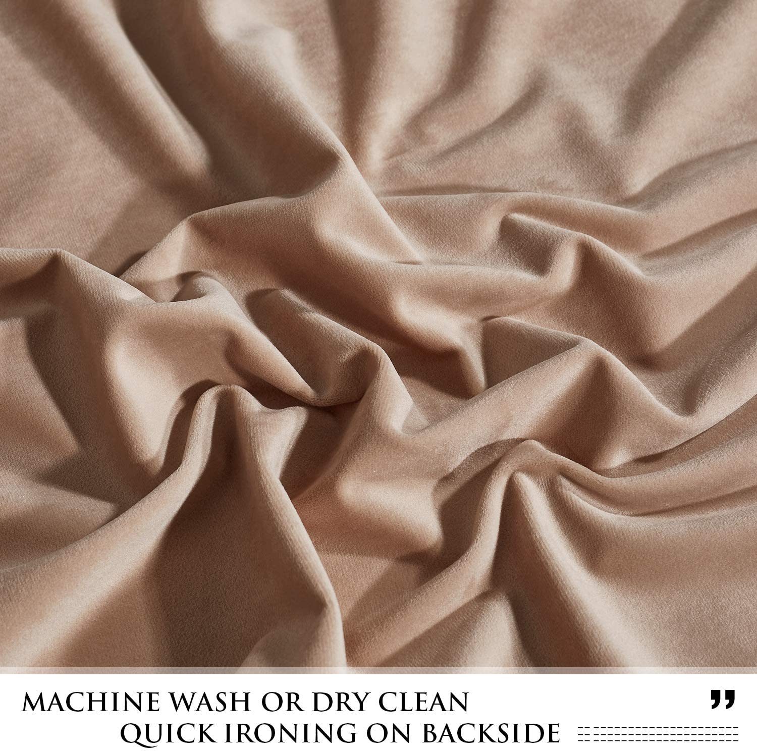 Close-up of soft, plush beige velvet fabric, highlighting its rich texture and deep folds for blackout curtains.