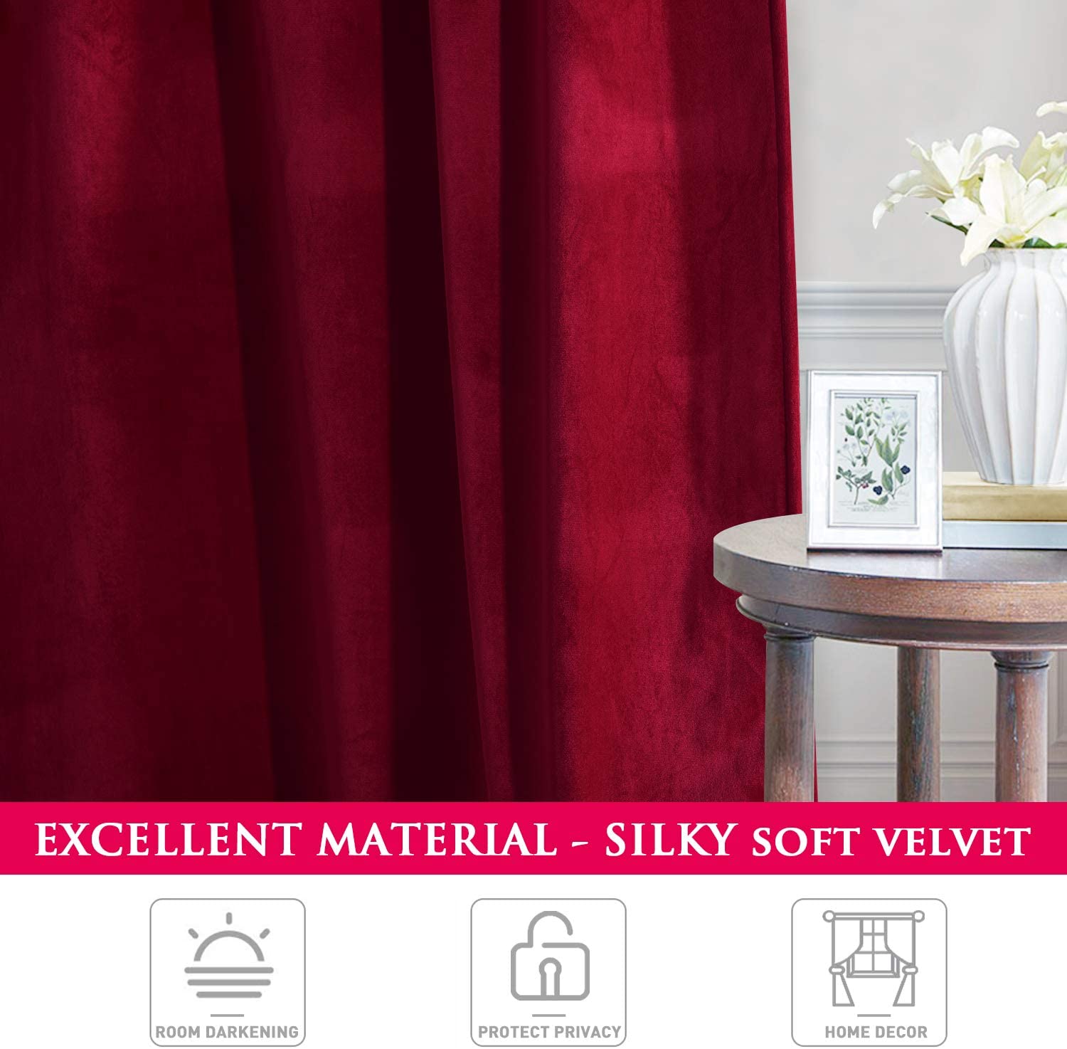 Silky soft burgundy velvet blackout curtain, perfect for noise reducing and room darkening in living rooms or bedrooms.
