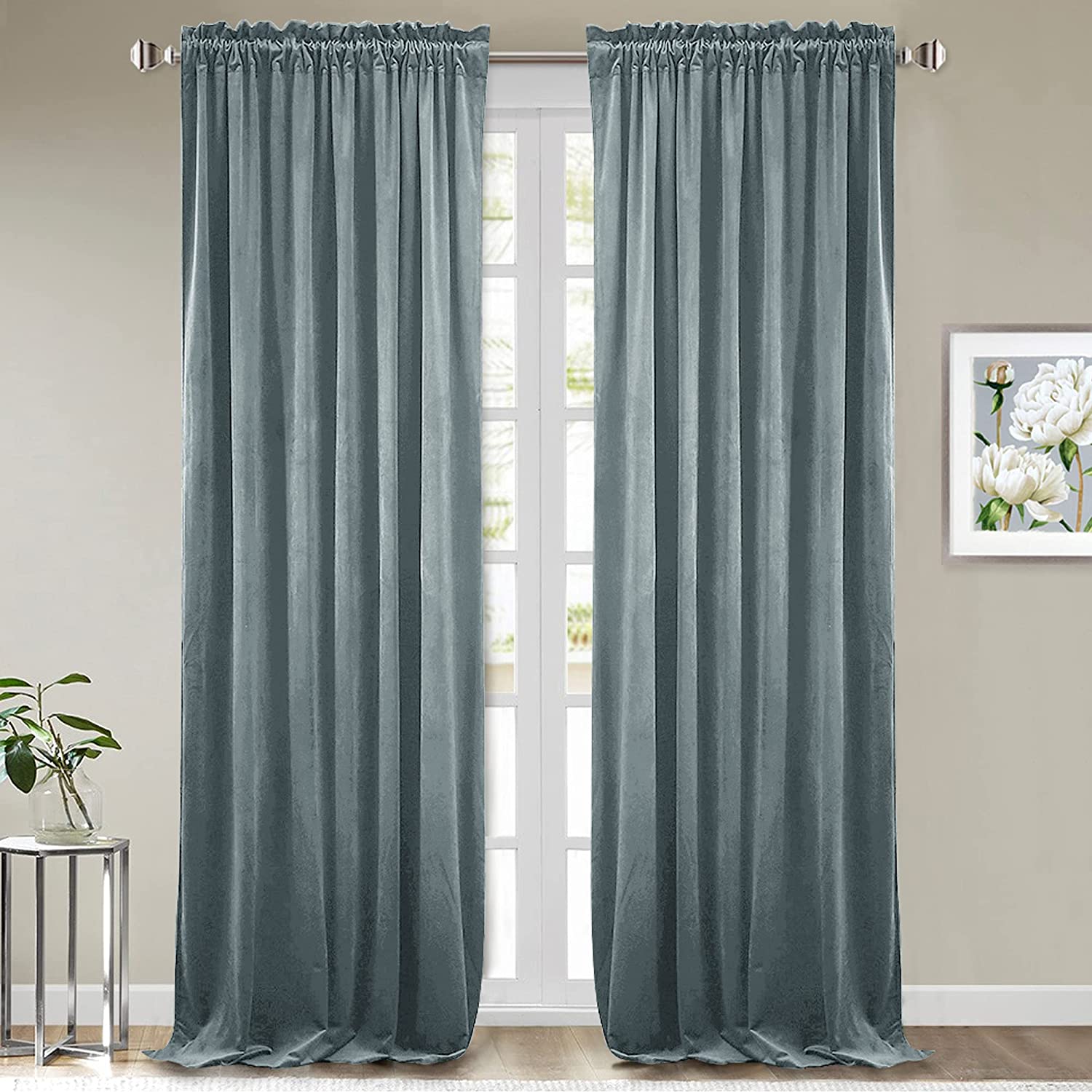 Rod pocket noise reducing blackout velvet curtains in slate blue, two full panels for living room or bedroom windows.