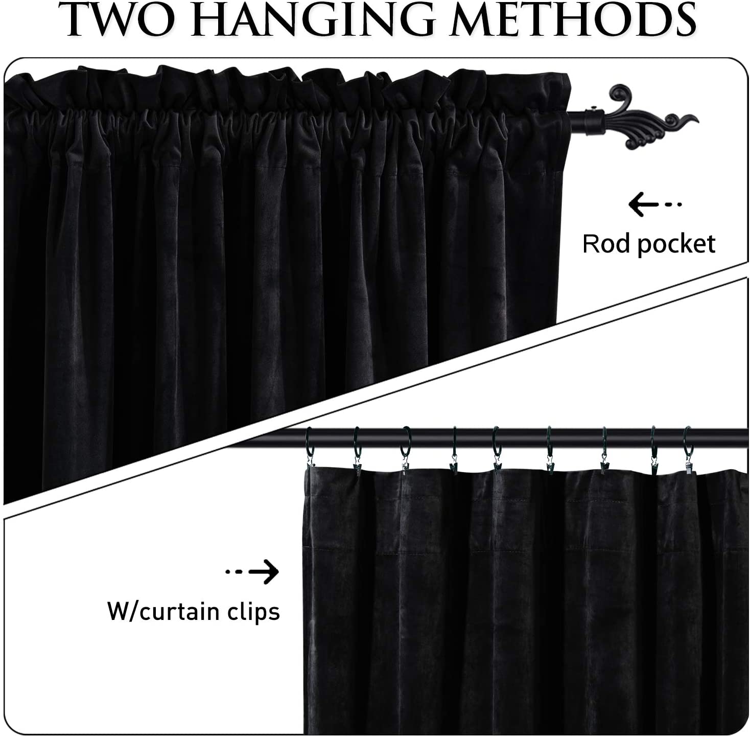 Blackout velvet curtains for living room & bedroom, featuring rod pocket and clip ring hanging methods for versatile style.