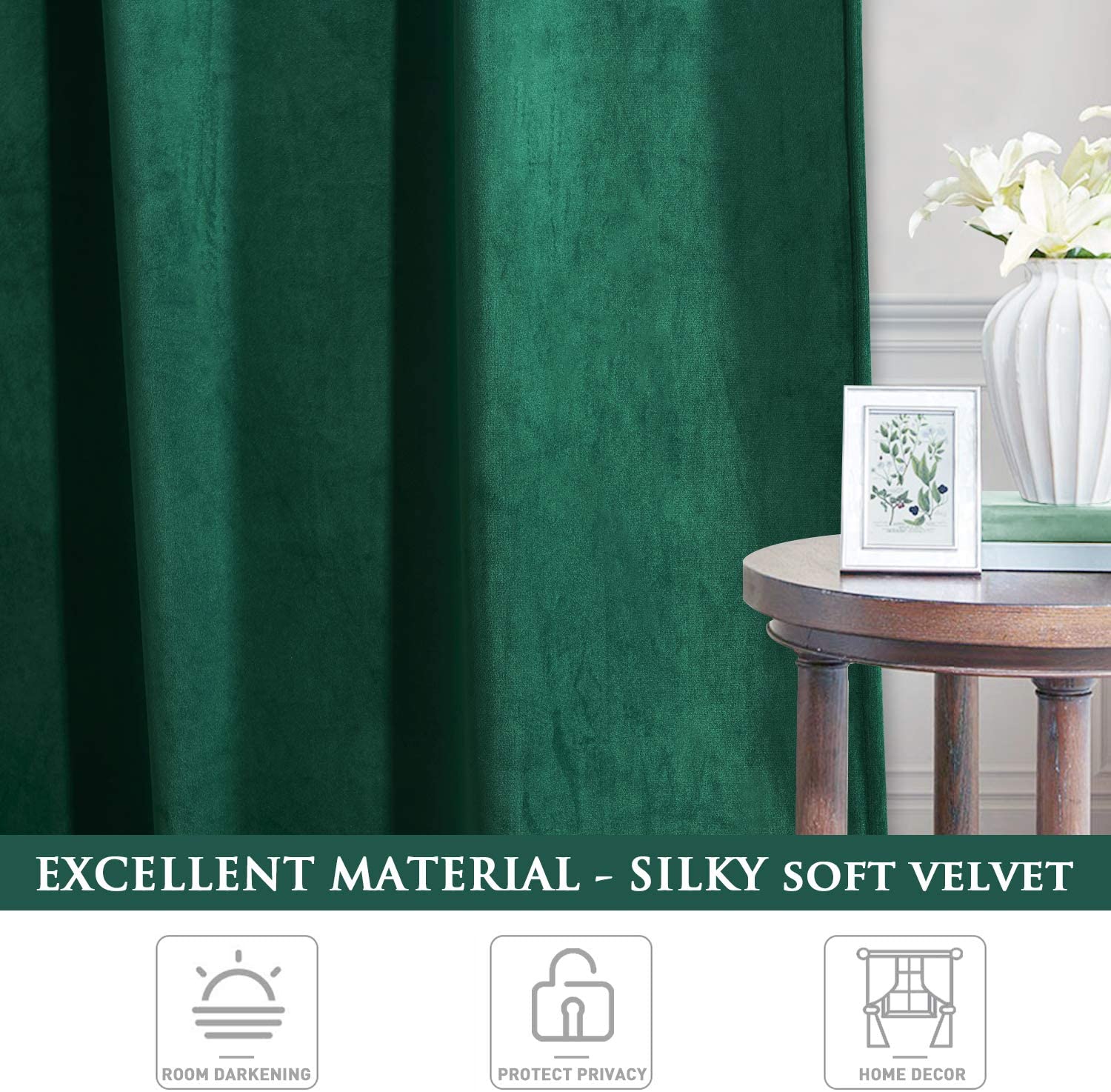 Luxurious emerald green velvet blackout curtain, showcasing its soft texture, perfect for living room and bedroom style.