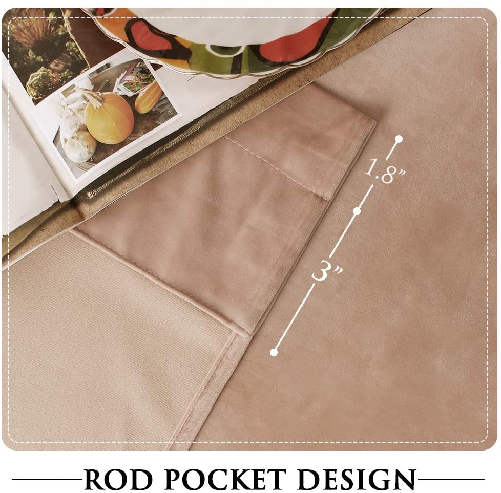 Beige velvet rod pocket blackout curtain detail with 1.8" header & 3" pocket for living room or bedroom noise reduction.