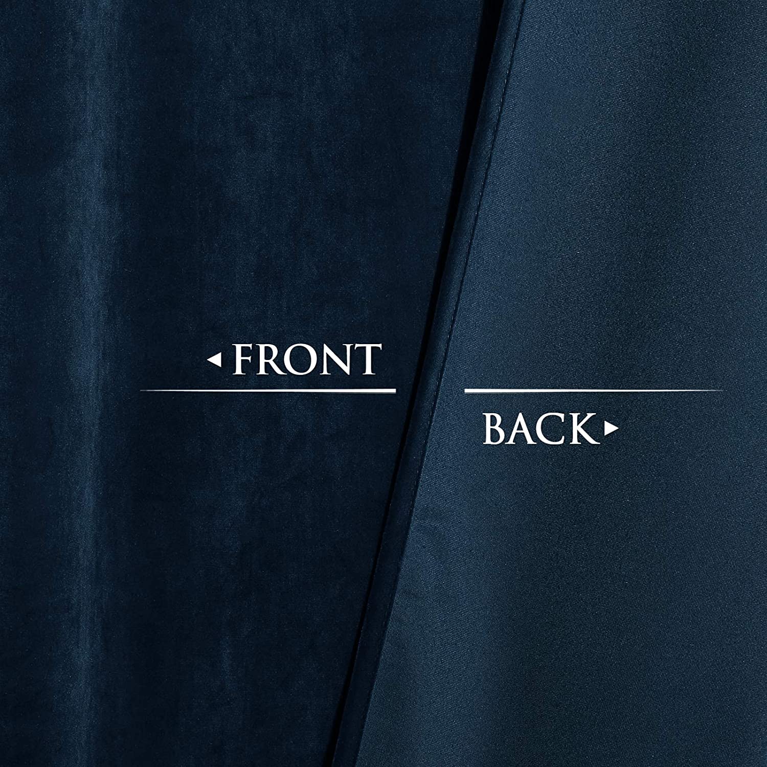 Dark blue velvet blackout curtains showing plush front texture and smooth, noise-reducing back fabric for living room.
