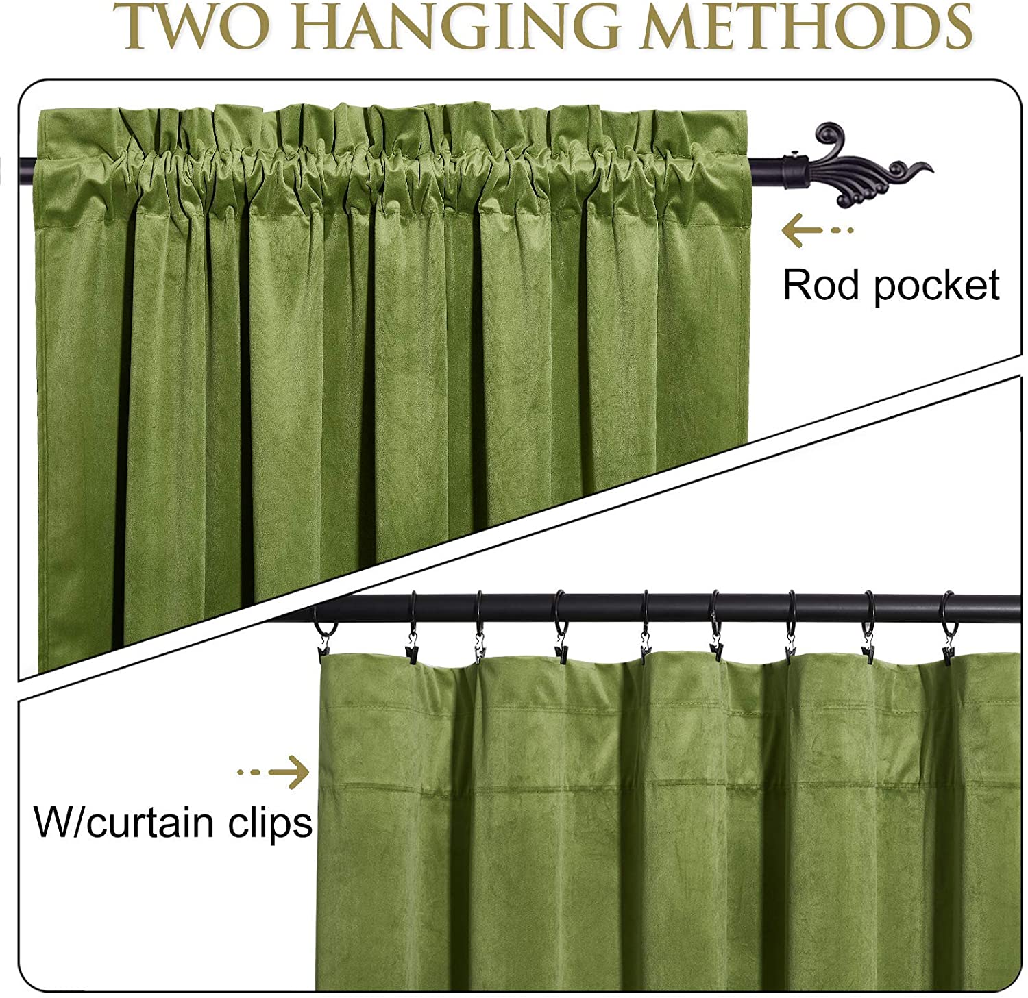 Two hanging methods for green velvet blackout curtains: rod pocket and clip rings on a decorative rod.