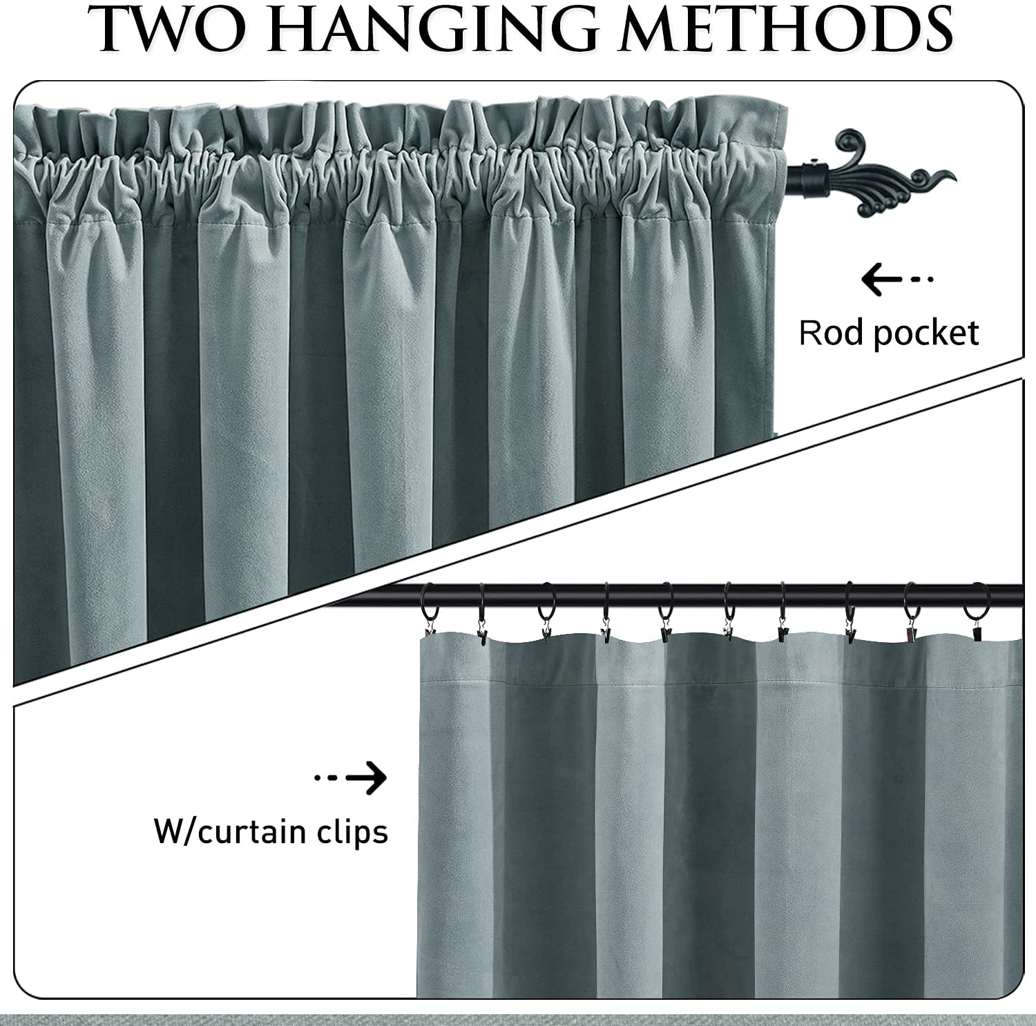 Rod pocket and curtain clip hanging methods for grey velvet noise reducing blackout curtains for living room & bedroom.