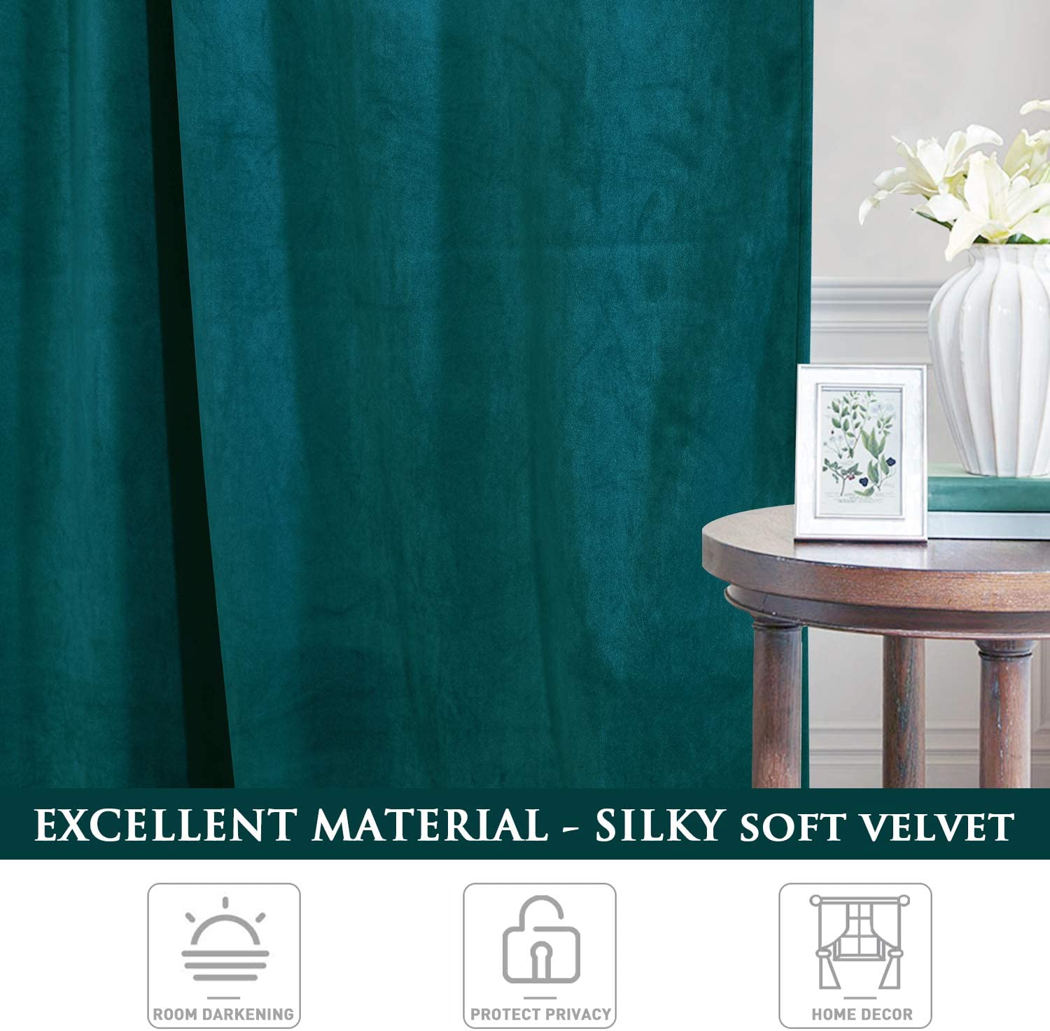 Close-up of a luxurious teal velvet blackout curtain, showcasing its silky soft texture and elegant folds for living room decor.